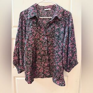 Jacqueline De Yong Black Floral Button-Front Blouse SZ 6